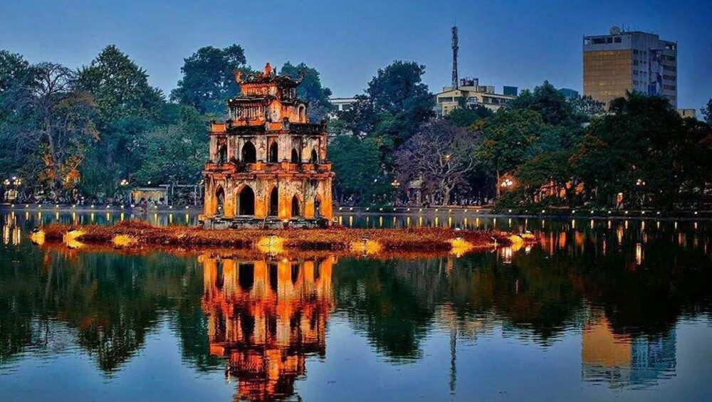 The iconic Ngoc Son Temple, also known as Turtle Tower, is located on a small island in the middle of Hoan Kiem Lake in Hanoi.
