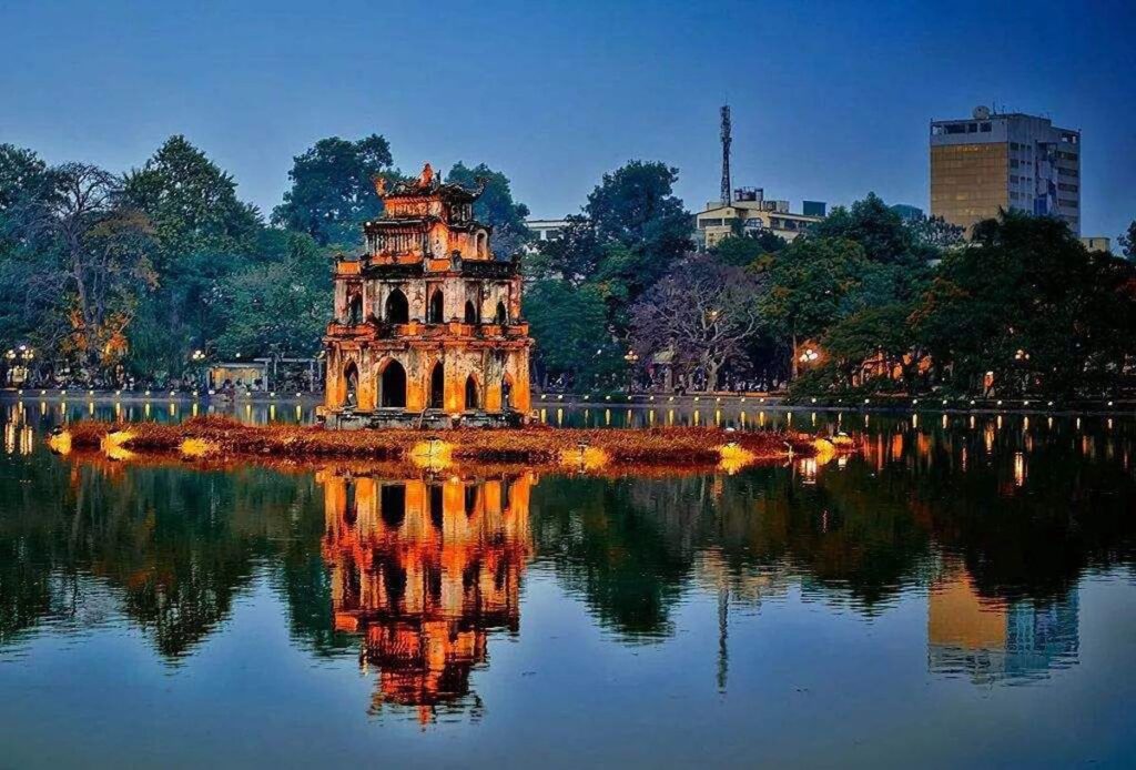 The iconic Ngoc Son Temple, also known as Turtle Tower, is located on a small island in the middle of Hoan Kiem Lake in Hanoi.