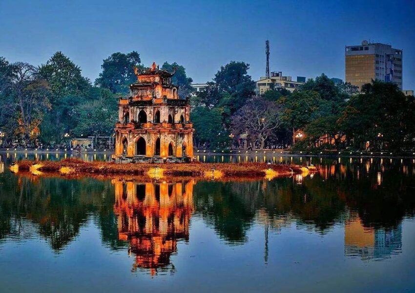 The iconic Ngoc Son Temple, also known as Turtle Tower, is located on a small island in the middle of Hoan Kiem Lake in Hanoi.